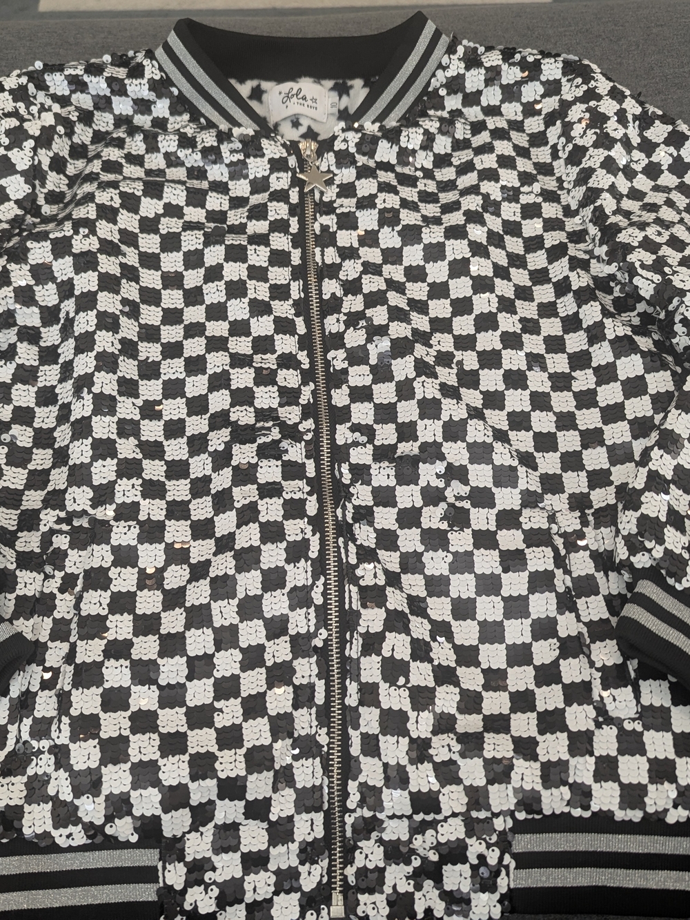 Lola + The Boys Black & White Sequin Checkerboard Bomber Jacket for Kids
